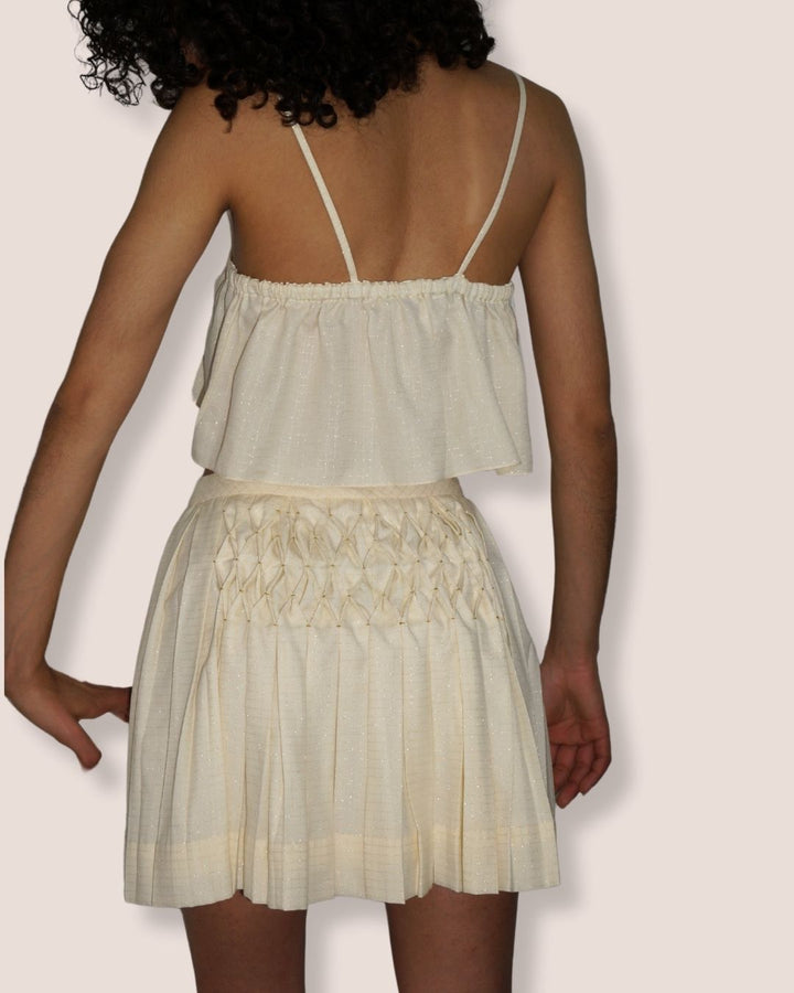Ensemble top et jupe jaune pâle/crème "Rayon de Miel Doré", avec smocks et fils dorés, fines bretelles - Meldesign 2025