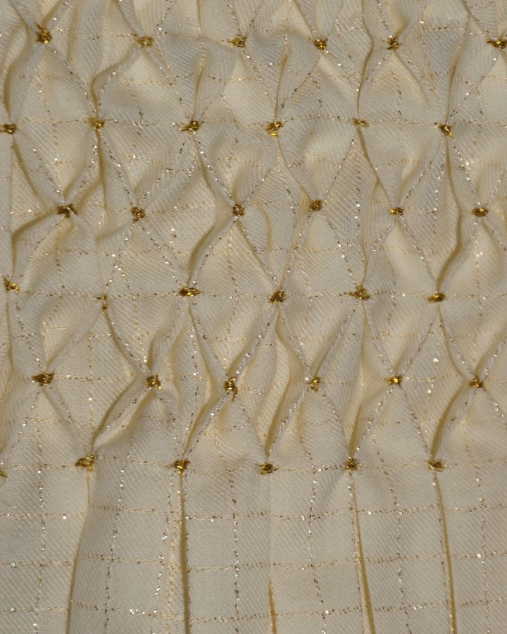 Ensemble top et jupe jaune pâle/crème "Rayon de Miel Doré", avec smocks et fils dorés, fines bretelles - Meldesign 2025