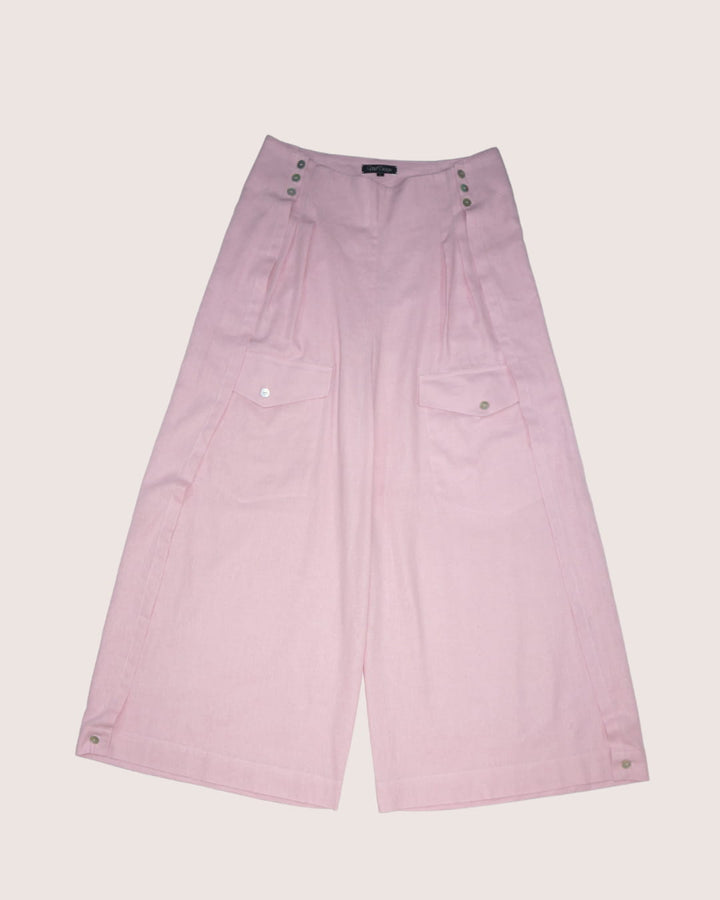 Pantalon cargo oversize beige en lin et coton "Aventure Douce" , taille haute, plis devant, poches cargo et boutons en nacre - Meldesign 2025