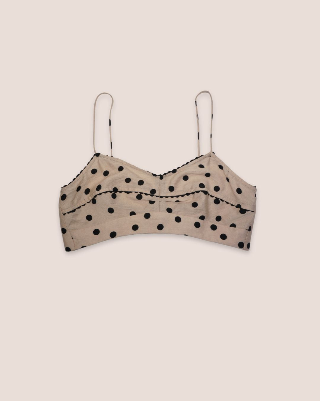Top bralette beige à pois noirs "Charme d'Antan"  fines bretelles, bordure festonnée noire - Meldesign 2025