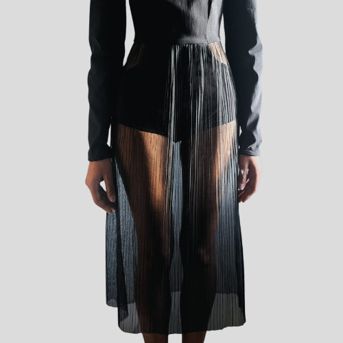 Robe Noire à Manches Longues avec Jupe Transparente en Tulle