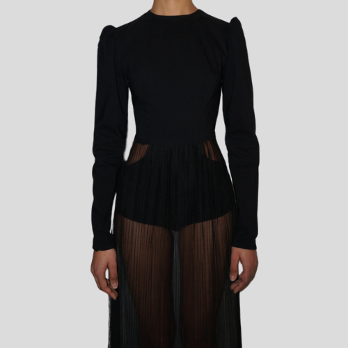 Robe Noire à Manches Longues avec Jupe Transparente en Tulle